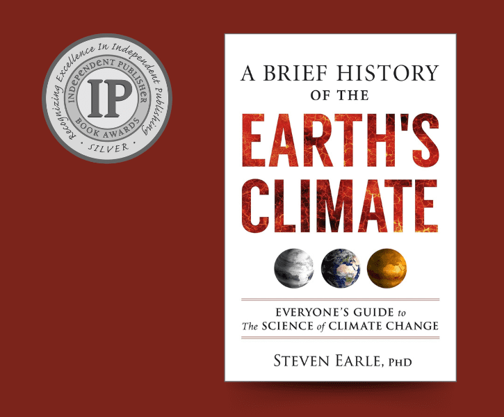 The book cover for "A Brief History of the Earth's Climate" on a red background, featuring the IPPY Silver Award logo.