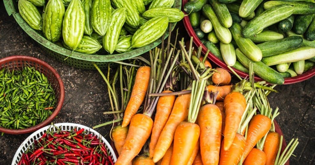 overhead view of picked garden vegetables