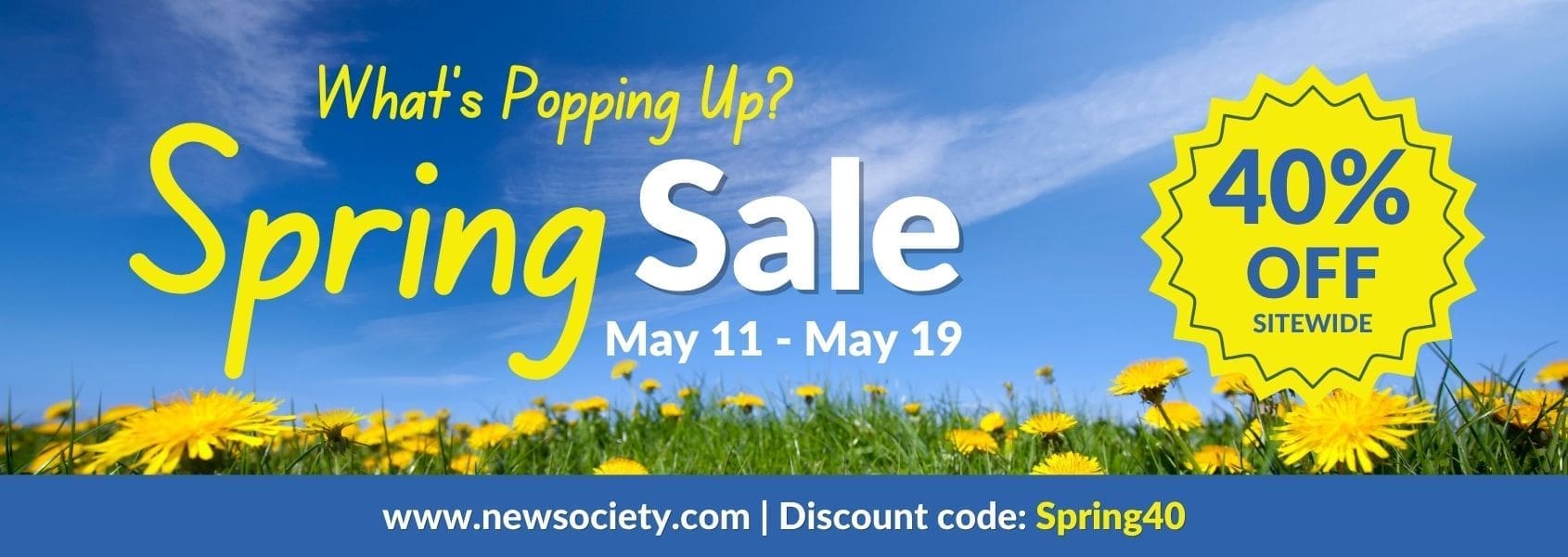Spring Sale banner with dandelions, blue sky, and Ad Space offering 40% off sitewide.