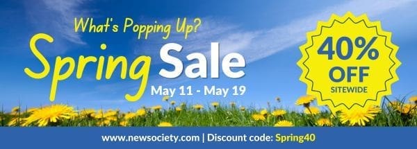 Spring Sale banner: 40% off sitewide, May 11-19—perfect Ad Space with dandelions on grass.
