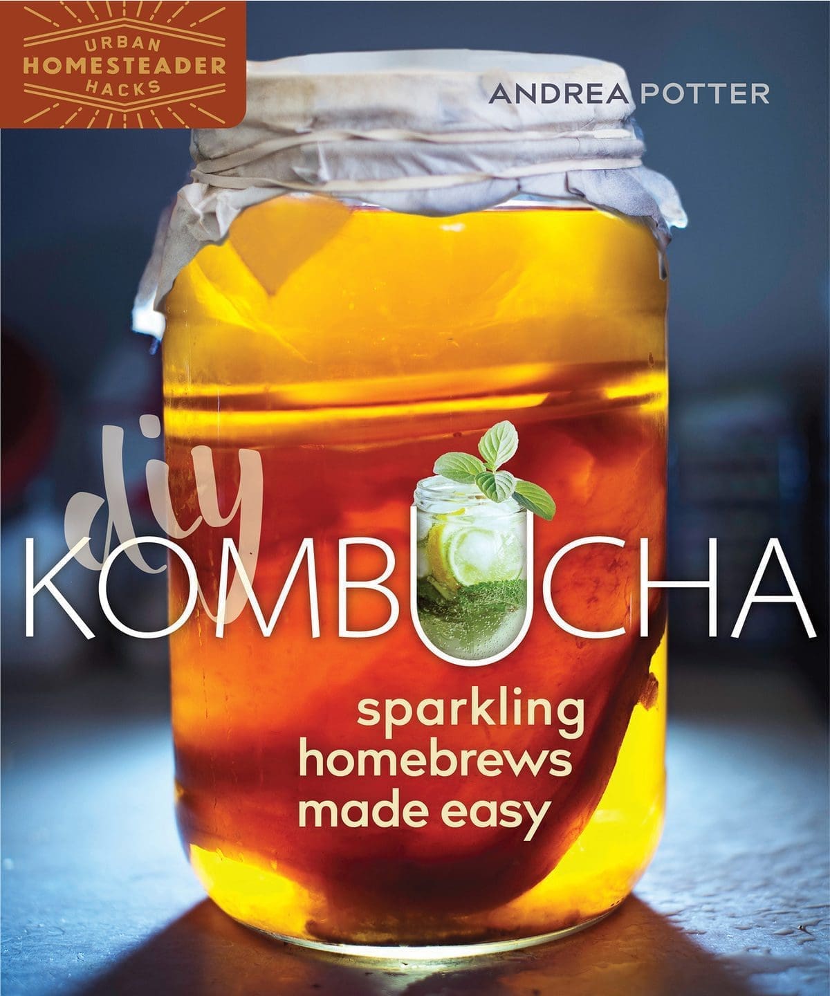 A jar of kombucha with a cloth lid on the "DIY Kombucha" book cover.