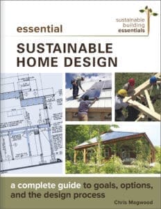 Book cover for Essential Sustainable Home Design with workers and an eco-friendly house.