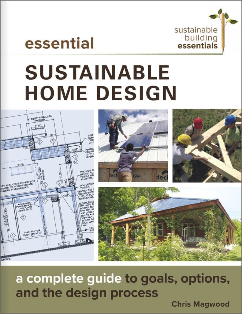 Book cover for Essential Sustainable Home Design with workers and an eco-friendly house.