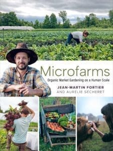Microfarms" book cover features farm scenes, vegetables, and farmers.