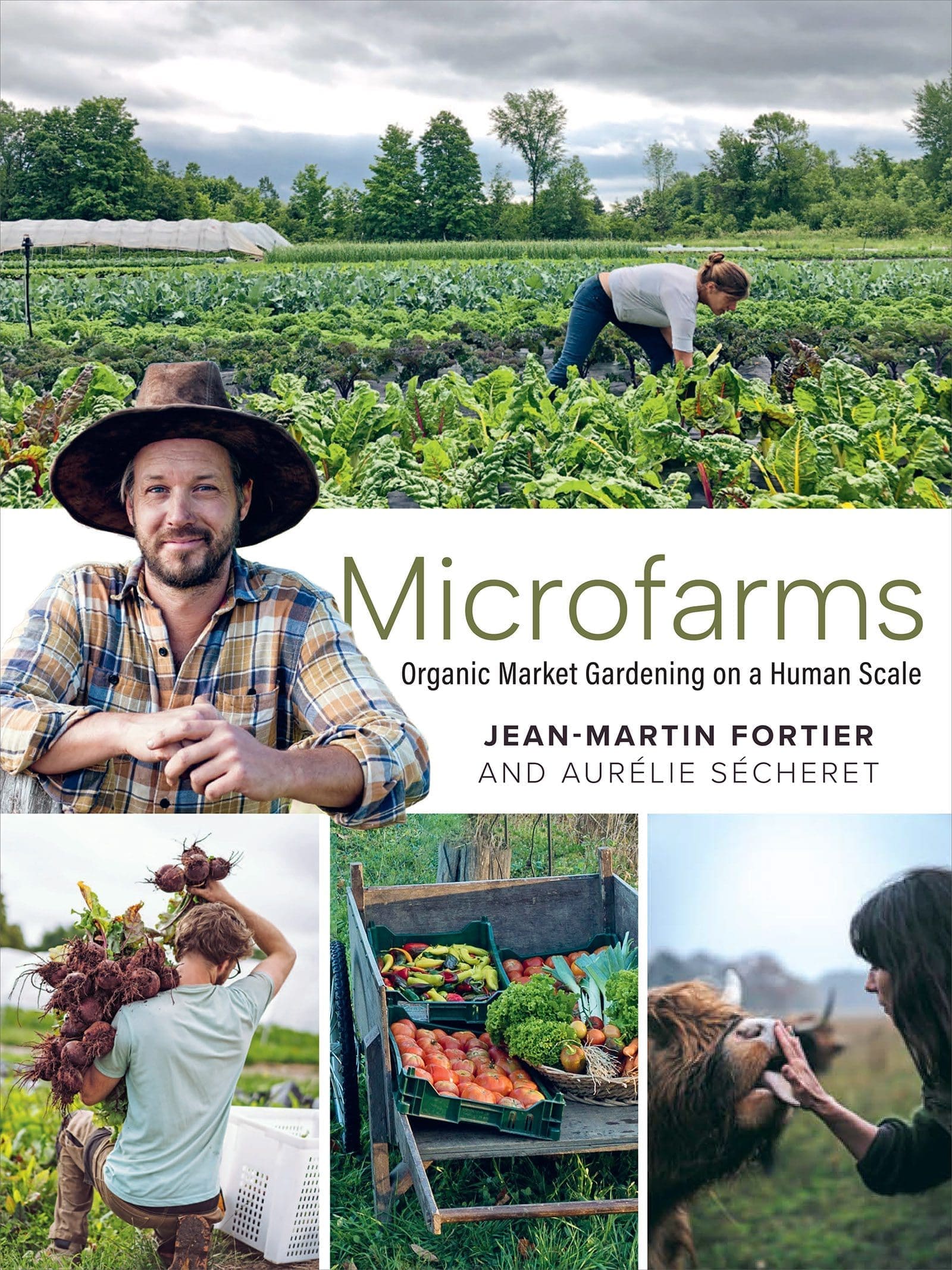 Microfarms" book cover features farm scenes, vegetables, and farmers.