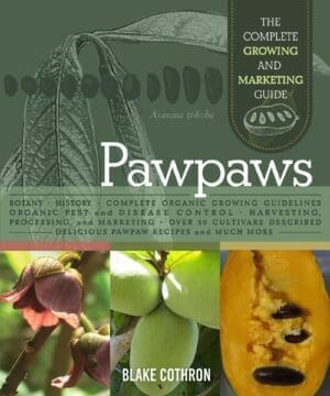 Book cover shows pawpaw fruits, flowers, and the title “Pawpaws” by Blake Cothron.