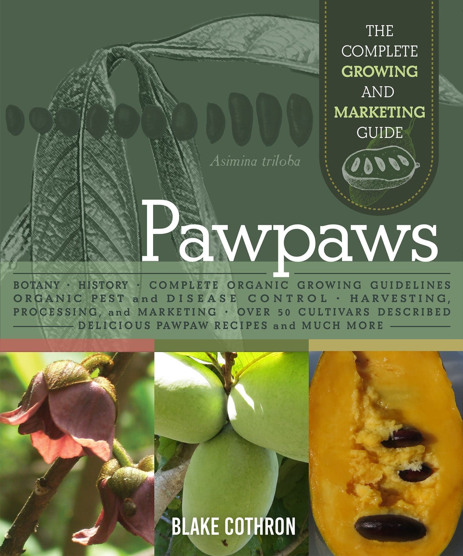 Book cover shows pawpaw fruits, flowers, and the title “Pawpaws” by Blake Cothron.