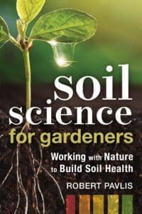 A young plant, water droplet, soil, and "Soil Science for Gardeners" book cover.