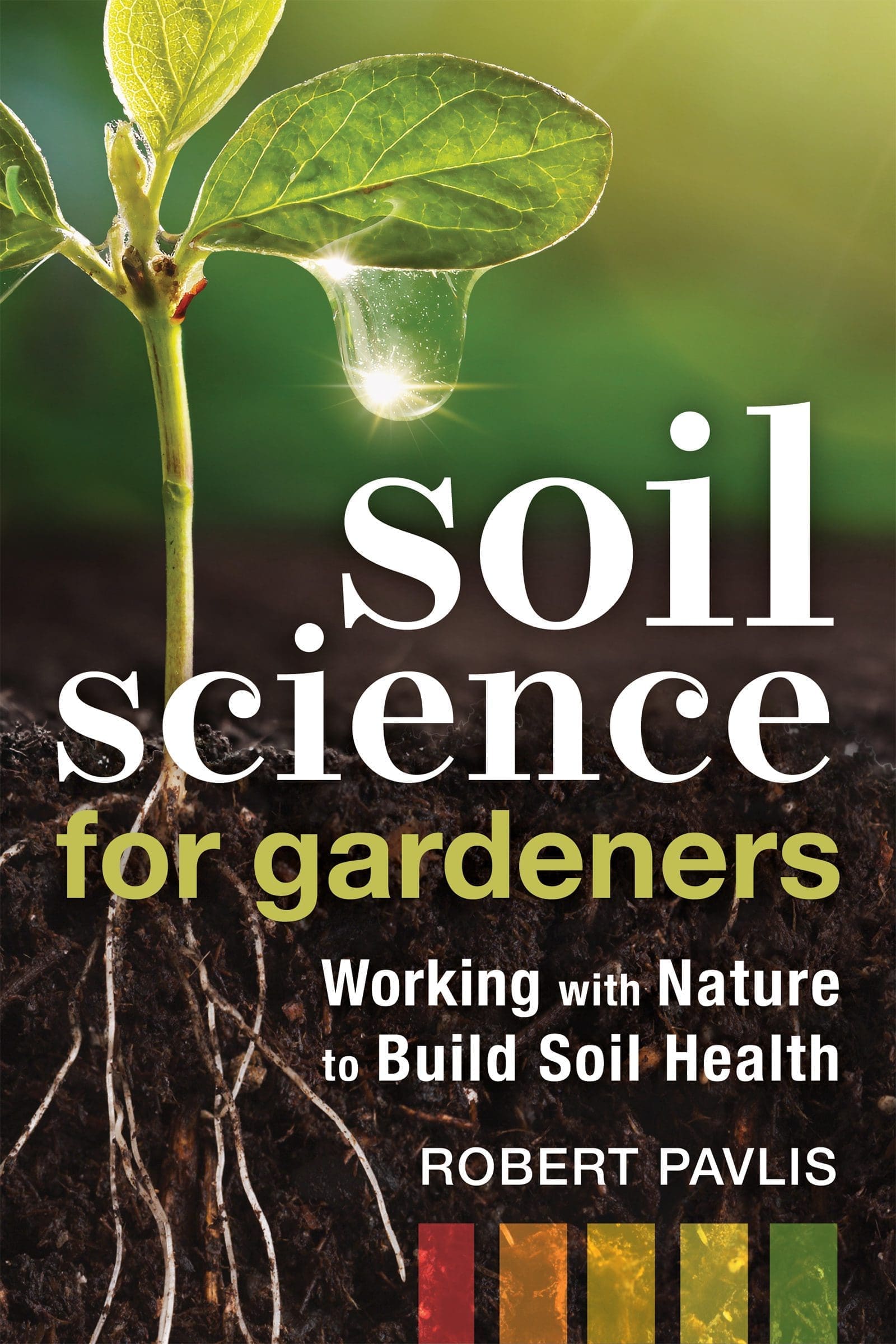 A young plant, water droplet, soil, and "Soil Science for Gardeners" book cover.