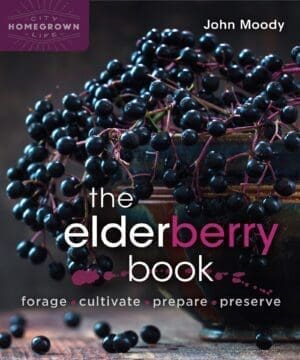 A bowl of elderberries, cover of "The Elderberry Book" by John Moody.