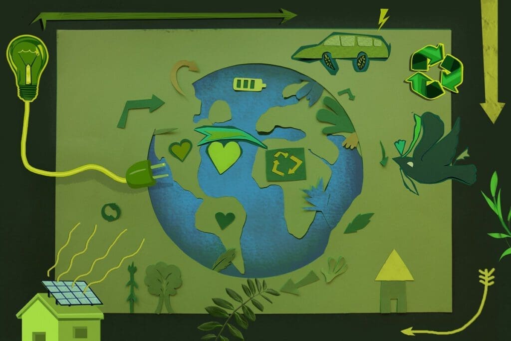 A colored illustration of the world and eco-friendly designs.