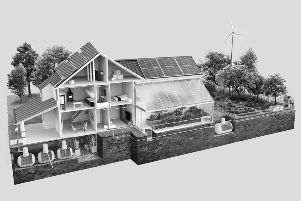 A model of a resilient property located in a cold climate. The water, energy, and food systems include redundancy and can be described as efficient, productive, appropriate, and interconnected. Credit: Verge Permaculture/ S. Andrei ]