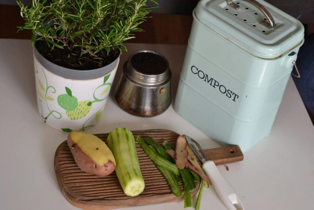 Compost bin and plants in planters with soil sit on a countertop with a half-peeled potato and cucumber. The skins are sitting beside them on a cutting board.