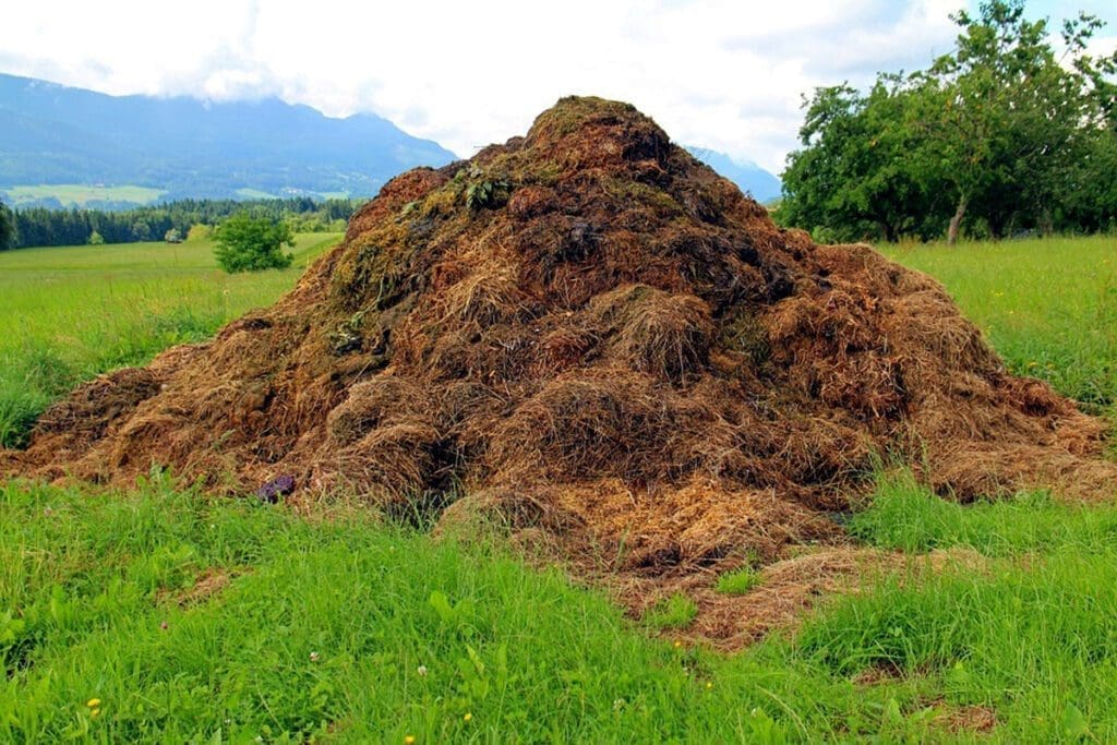 A large pile of compost in a field