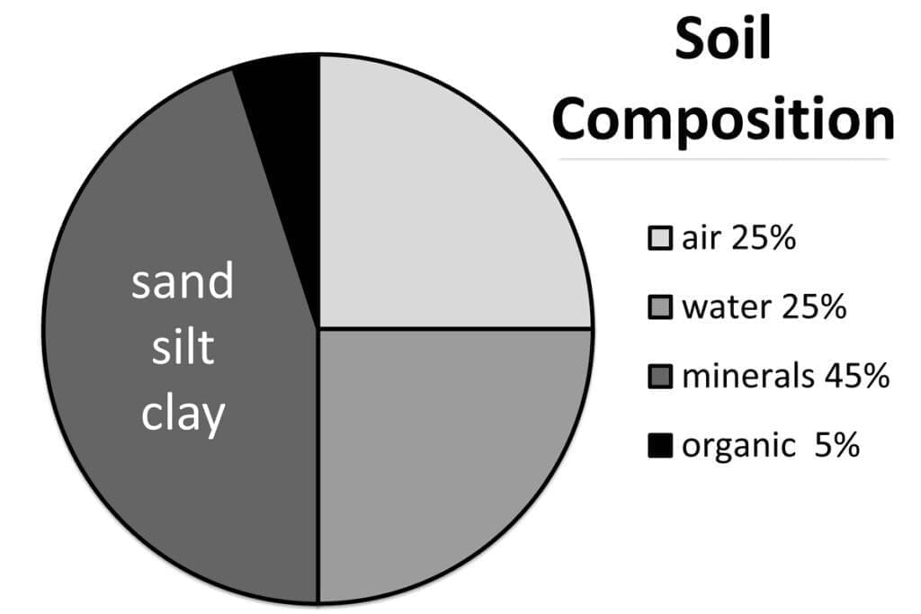 A pie chart of "Soil Composition" with air 25%, water 25%, minerals 45%, organic 5%