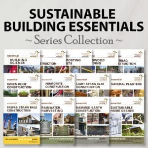 Covers of 13 Sustainable Building Essentials Collection guidebooks arranged in a grid under a banner.