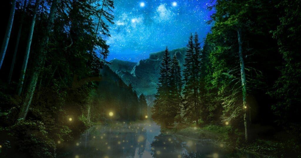 Night scene featuring glowing fireflies in a forest with a lake and mountains in the background. The book cover and blog title sit in the foreground.