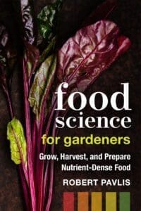 Red and green swiss chard leaves with the book title "Food Science for Gardeners.