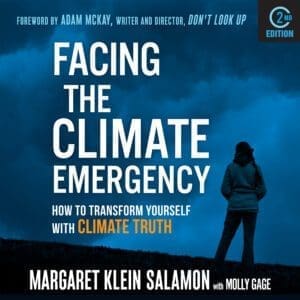 A person facing stormy skies, text reads "Facing the Climate Emergency: Second Edition" by Margaret Klein Salamon.