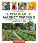 Cover of "Sustainable Market Farming, Second Edition" book, showcasing colorful images of fresh vegetables set against a scenery of verdant farm fields.