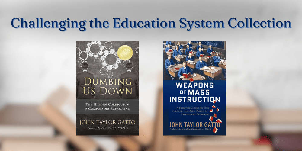 Explore the thought-provoking book covers of "Dumbing Us Down" and "Weapons of Mass Instruction" by John Taylor Gatto, perfect for those conscious of educational reform. These works make an enlightening gift for anyone seeking to question and challenge the traditional school system.