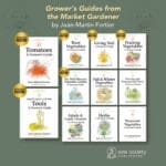Nine "Root Vegetables" books by Jean-Martin Fortier are displayed on a green background.
