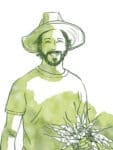 Line drawing of a smiling man in a hat with Root Vegetables, shaded in green watercolor.