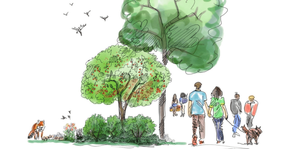 A colourful, water-coloured illustration of a group of people and animals amongst a small grouping of trees and shrubs.