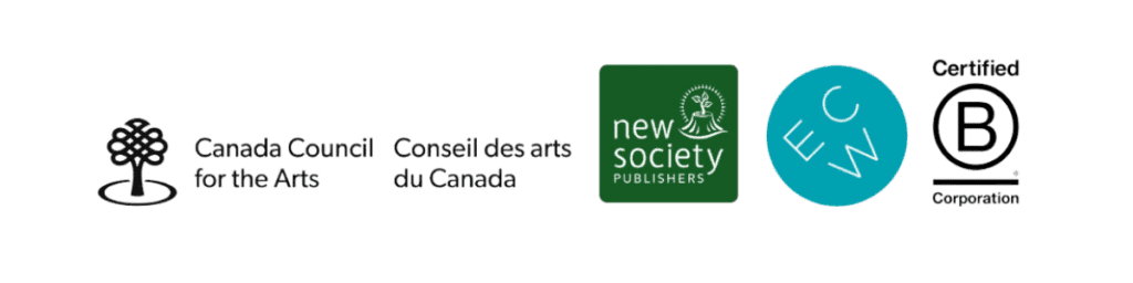 Logos of Canada Council for the Arts, New Society Publishers, ECW, and Carbon Footprint awareness.