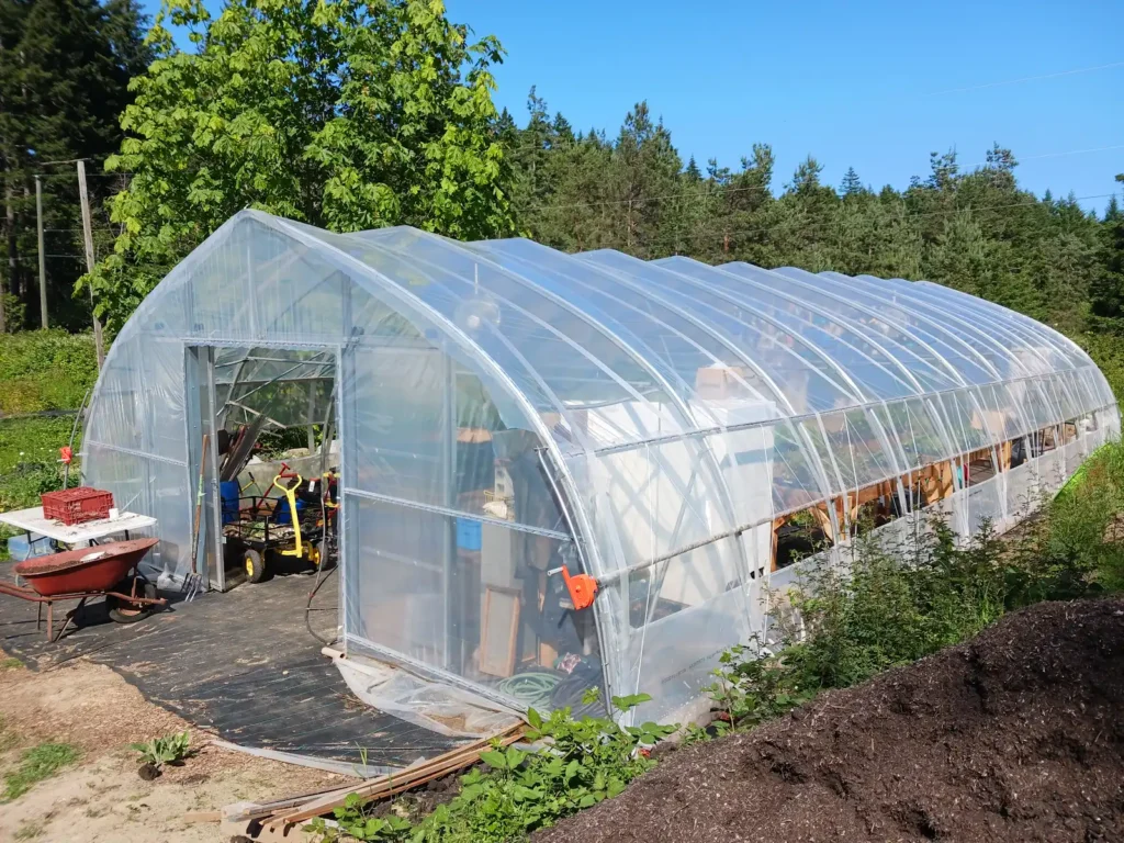 A transparent greenhouse fostering food security, surrounded by trees and greenery.