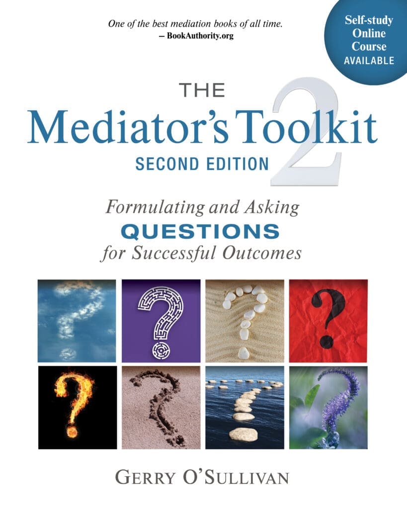Book cover: "The Mediator's Toolkit, Second Edition" with colorful question marks for conflict resolution.