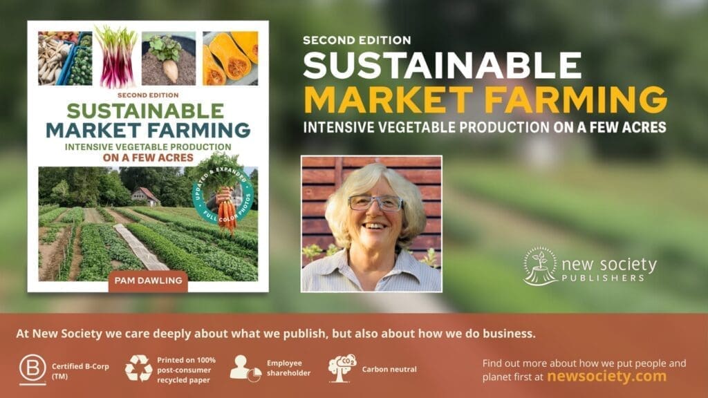 Second Edition" book cover for "Sustainable Market Farming" with nature background and author photo.