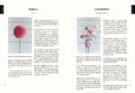 Two pages of Floramama show pink dahlia and lisianthus on a white wood background.
