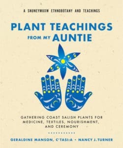 Blue hands, flower, and "Plant Teachings from My Auntie" on the book cover.