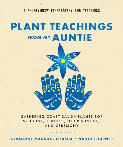 Blue hands, flower, and "Plant Teachings from My Auntie" on the book cover.