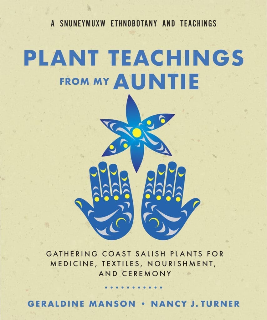 Book cover with blue hands and a flower, titled "Plant Teachings from My Auntie.