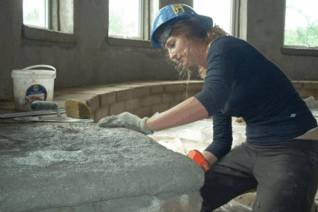 Woman in a blue hard hat smoothing wet concrete on an indoor construction projects site.