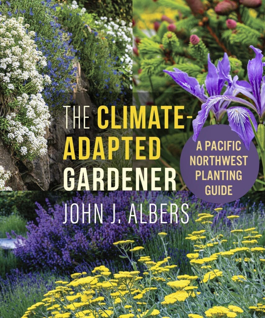 Book cover with colorful flowers, "The Climate Adapted Gardener" by John J. Albers.