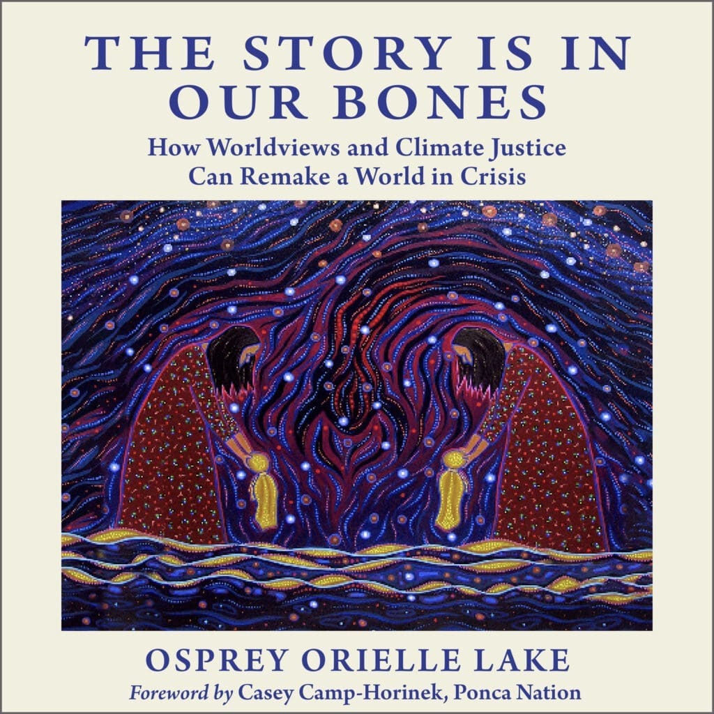 Book cover with two figures in red cloaks; Story is in Our Bones swirls above them.