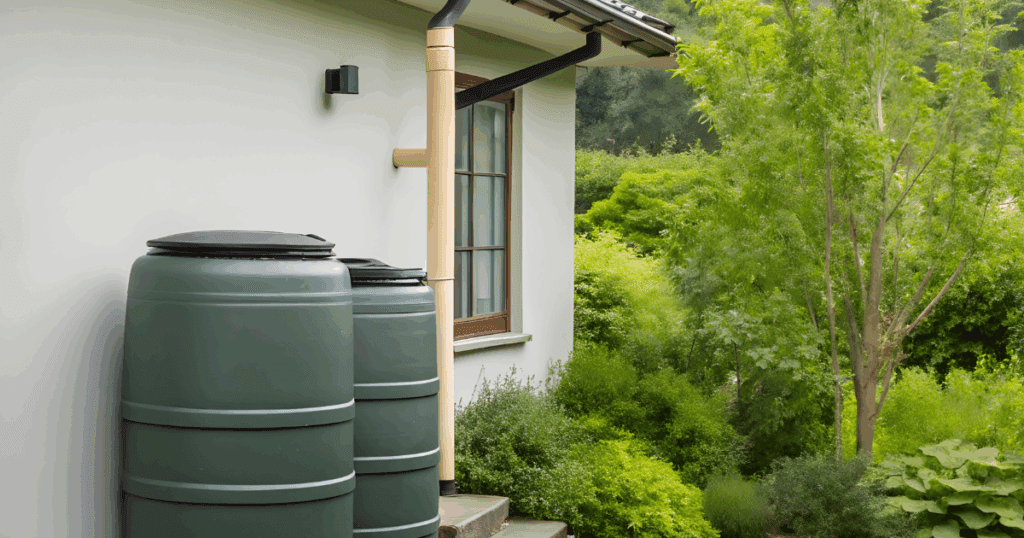 Two green rain barrels by a house showcase rainwater harvesting amid lush greenery and a tree.