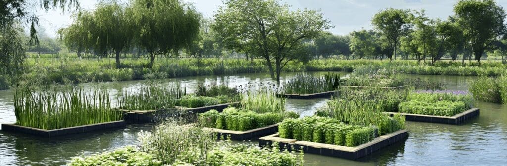 Floating garden beds with edible ecosystems on a calm pond, fostering healthier people.