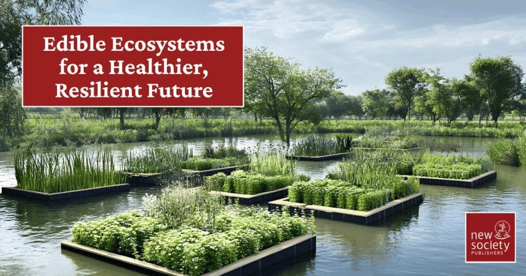 Floating garden beds create edible ecosystems on a pond, surrounded by lush trees and greenery.