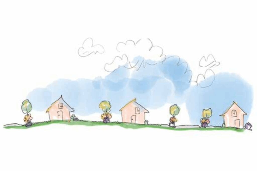 Whimsical houses and trees dot an edible ecosystem on a grassy hill beneath blue, clouded skies.
