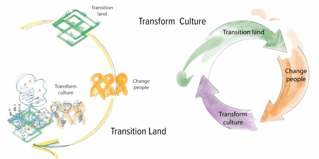 Two circular diagrams labeled Transition Land: Change people, transform culture, resilient future.