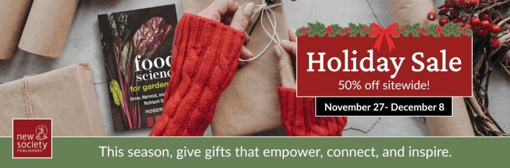 Hands wrapping meaningful gifts with a book, festive decor, and a holiday season sale banner.