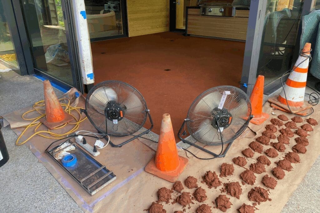 Earthen Floors: Two fans and orange cones drying clay balls outside James Thomson’s entrance.