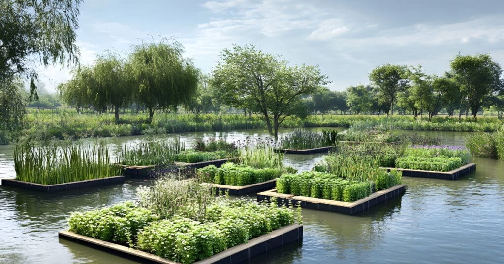 Floating garden beds create edible ecosystems on a calm pond, surrounded by trees and grass.