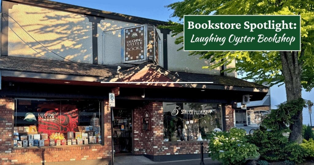 Brick bookstore exterior with books display, sign reads: "Bookstore Spotlight: Laughing Oyster.