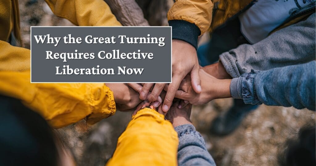 A group joins hands in a circle; text box highlights the spirit of Collective Liberation.