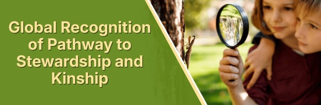 Two children examine a tree, exploring stewardship and global recognition with curiosity.